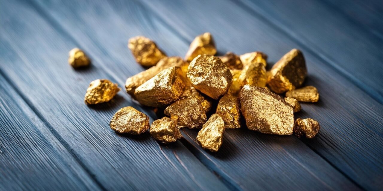 A pile of gold nuggets sitting on top of a wooden table
